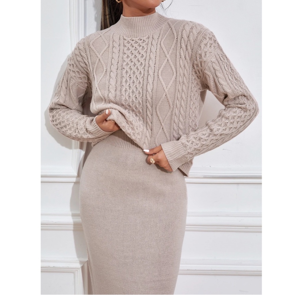 2 Piece Knit Skirt Set Blush Color Long Skirt & Cable Knit Sweater - Picture 4 of 11